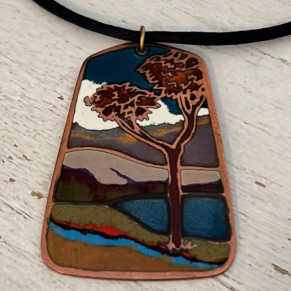 Joan Rivers necklace velvet and signed enameled pendant 30”